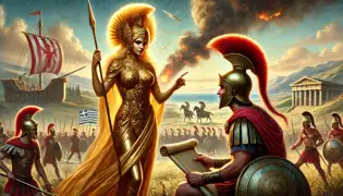  Athena advises Odysseus during the Trojan War amid a battlefield with Greek ships and smoke in the background.