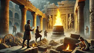 19th-century explorers rediscover the Eternal Flame in Persian temple ruins, marveling at its brilliance.