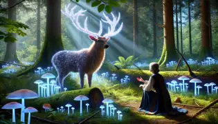 A majestic stag with glowing antlers in a sunlit clearing, Dr. Helena kneeling in awe before it amidst glowing flora.