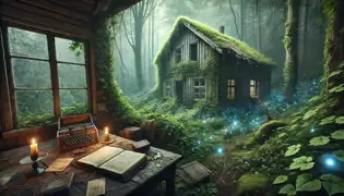 An abandoned cabin in the German Zagros Forest, overgrown with moss and ivy, glowing plants faintly visible outside.