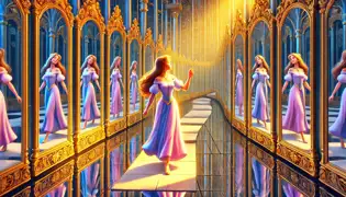 Princess Leon walks with her eyes closed in a labyrinth of mirrors, her hand extended confidently amidst countless reflections.