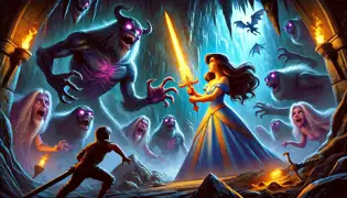 Princess Leon holds a glowing sword in a shadowy cavern, surrounded by monstrous figures representing her fears.