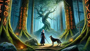 Princess Leon and her wolfhound Fenrik stand at the edge of the Forbidden Forest, surrounded by twisting ancient trees.