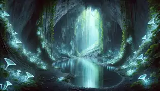 A glowing cavern with shimmering walls and a crystal-clear pool in the German Zagros Forest, veiled by vines.