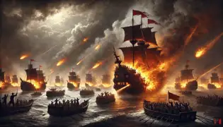 Fire ships ablaze collide with Cao Cao's fleet on the Yangtze River under a dark, smoky sky.