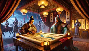 Zhuge Liang and Zhou Yu strategize in an ornate command tent with a map of the Yangtze River.