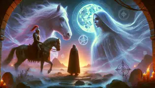 The spirits of Bahram and Soraya appear to Arash in a glowing vision, with the stone horse in the moonlit background.