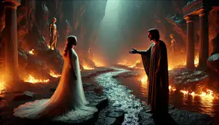 Persephone stands in the Underworld, gazing at its rivers of fire as Hades gestures toward his vast realm.