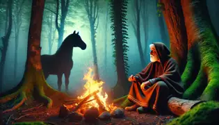 An elderly guardian and a young wanderer by a campfire in the forest, with the stone horse faintly visible in the mist.