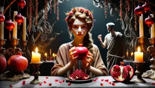 Persephone holds a pomegranate in a dimly lit banquet hall as Hades watches expectantly from the shadows.