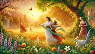 Persephone steps into a sunlit meadow, flowers blooming beneath her feet, as Demeter embraces her joyfully.