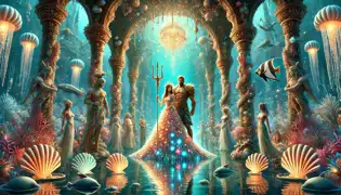 Poseidon and Amphitrite's underwater wedding, surrounded by gods and marine creatures in a glowing palace.