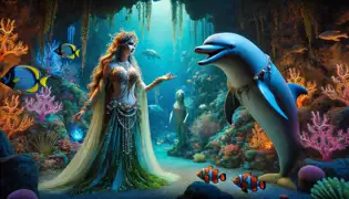 Delphinus persuades Amphitrite in a vibrant coral sanctuary teeming with marine life.