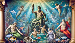 Triton and Poseidon and Amphitrite's other children in a lively coral reef scene showcasing their divine lineage.