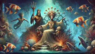 Amphitrite on a coral throne with Poseidon beside her, surrounded by marine life and attendants.