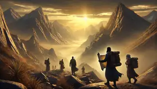 Adventurers exiting the mountains at dawn, carrying a scroll as sunlight bathes the peaks in golden light.