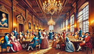 A grand formal gathering in a 17th-century English hall with ornate décor and elegantly dressed attendees.