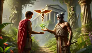 Hermes handing the moly plant to Odysseus with Circe’s palace in the background, preparing him to resist her magic.