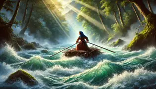 Laleh navigating a roaring river on a makeshift raft in a dense forest with mist rising from the water.