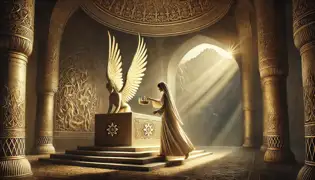 Laleh placing the Winged Crown on a pedestal in a serene sanctuary illuminated by beams of sunlight.