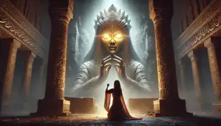 Laleh kneeling before the glowing statue of the Simurgh inside a grand abandoned temple with golden light.