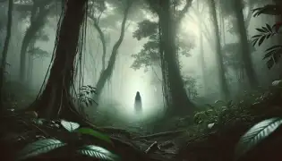 A ghostly figure of Maria Makiling walking through a dense, misty forest, surrounded by tall trees and thick vines.