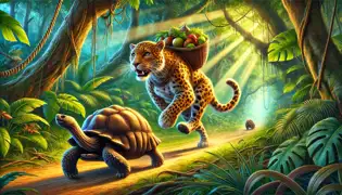 The leopard races through the jungle, finding the tortoise ahead on the path.