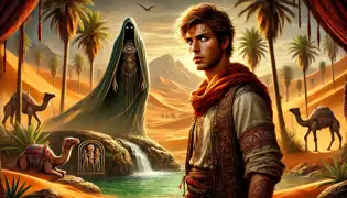 Idris and Zarah by a desert spring, surrounded by palm trees and ancient carvings, with a tense atmosphere.