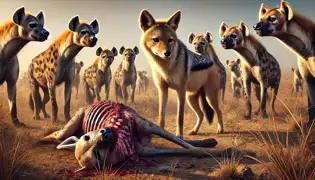 A jackal surrounded by skeptical hyenas near a carcass in the African savanna under a tense and vibrant atmosphere.