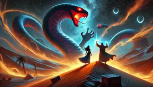 Zarah and Idris fight a massive shadow serpent under a starry sky, using light and incantations to combat the creature.