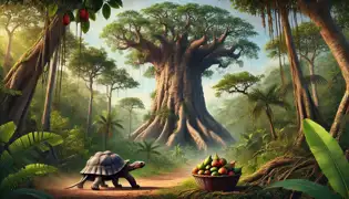 The tortoise rests at the baobab tree as the exhausted leopard arrives.