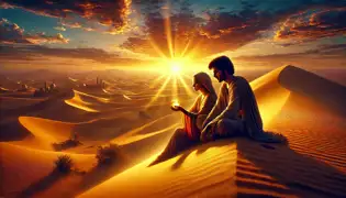 At sunrise in the Sahara, Idris and Zarah sit on a dune with a vial of water, reflecting on their restored balance.