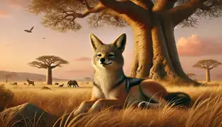  A jackal resting under a baobab tree in the African savanna during sunset, exuding triumph and cleverness.