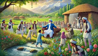 Villagers celebrate near the magical spring with Shah Bobo surrounded by children and elders in a flourishing Afghan village.