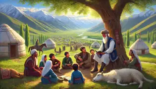 An older Kurmanbek shares stories with children and elders under a tree in a peaceful Kyrgyz village.