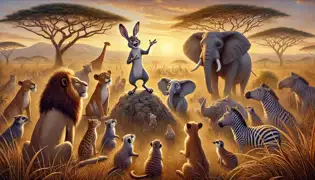 Kalulu addresses a gathering of animals on the savanna as the sun sets, creating a scene of harmony and unity.