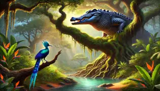 The radiant Rainbird and the towering Crocodile face off at the sacred Marula tree surrounded by lush greenery.