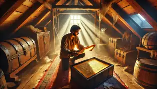 Timur in a dusty attic holding a map, surrounded by chests and faint sunlight streaming through a small window.