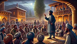 Shah Bobo addresses divided villagers in the Afghan village square, urging unity amidst rumors about the spring.