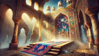 The ruined palace with glowing mosaics and an enchanted carpet on a platform, bathed in sunlight.