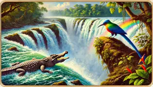 The Rainbird and Crocodile at a roaring waterfall, with the Crocodile gazing into the churning waters below.