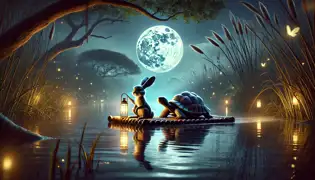 Kalulu and Chikondi on a reed raft, navigating the moonlit Zambezi River surrounded by reeds and fireflies.