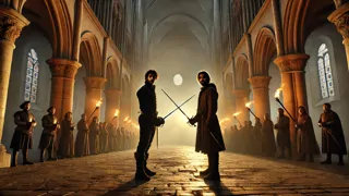 D'Artagnan e Athos encontram-se numa batalha de espadas sob os grandes arcos da catedral