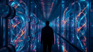 Um túnel de condutos de dados brilhantes que refletem uma luz infinita