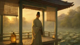Prince in azure pavilion during dawn at Heian palace
