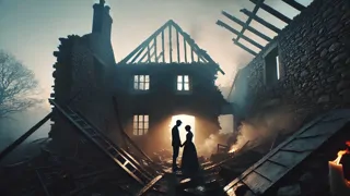 Le lever du soleil illuminant les ruines d'une ancienne chaumière en pierre, avec de la fumée s'élevant dans l'air.