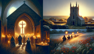 Villagers walking in procession around the lit church cross at dawn