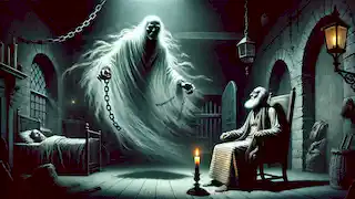 Marley’s ghost, bound in chains, appears before Scrooge in his dimly lit chamber