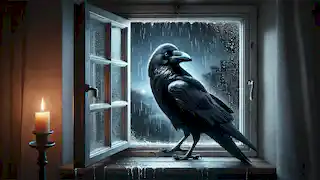 A large black raven perched on a windowsill during a stormy night, rain lashing against the window.