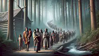 Cherokee people walking through a dense forest, beginning the Trail of Tears.